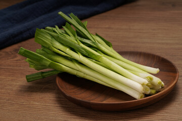 A pile of green onions on a wooden plate