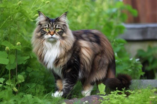 Standing in a garden is a female norwegian forest cat. Generative AI