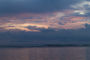 Lombok and Gili Air islands, overcast, cloudy day, sky and sea. Sunset, sand beach.