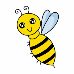 Cute bee on white background. Illustration for children. Doodle sticker.