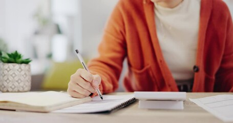 Remote work, accountant and hands of businesswoman working at home calculating financial budget. Freelance, worker and professional employee review report and planning company investment and writing