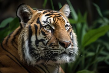 Close up of a magnificent tiger on a green leafy background. Generative AI