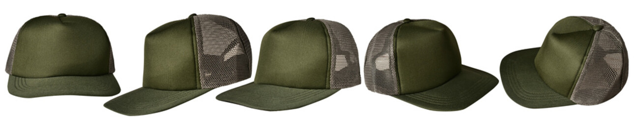 Set of green army trucker cap hat mockup template collection, various angle isolated cut out