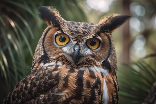 An image of a great horned owl in a relaxed state. They are a huge, widespread owl with characteristic ear tufts. Generative AI