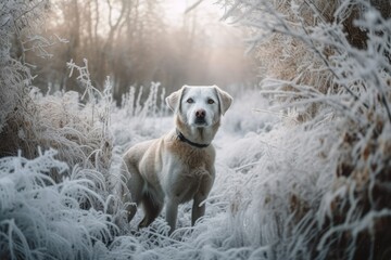 Obraz premium Dog surrounded by frosted vegetation in a snowy winter forest. Generative AI