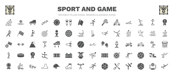 set of sport and game filled icons. sport and game glyph icons such as biathlon, roller skate, second prize, trekking, volleyball motion, basketball court, fisher fishing, football channel, capoeira