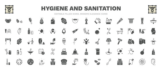 Fototapeta na wymiar set of hygiene and sanitation filled icons. hygiene and sanitation glyph icons such as underwear, primp, washbasin, bathroom, body odour, cotton swabs, pathogen, antibacterial, epliator vector.