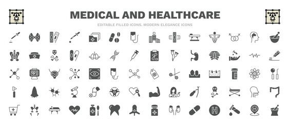 Fototapeta na wymiar set of medical and healthcare filled icons. medical and healthcare glyph icons such as dosage medical tool, plastering, medicines bowl, sternum, tag with a cross, medicine capsules, pelvic area,