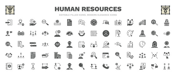 set of human resources filled icons. human resources glyph icons such as quit, salary, boss, art, selection, office, video conference, dialogue, onboarding vector.