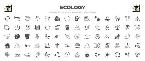 set of ecology filled icons. ecology glyph icons such as reload arrows, energy globe, save energy, ecology, sustainability, landscape image, eco industry, two flowers, ecological house vector.