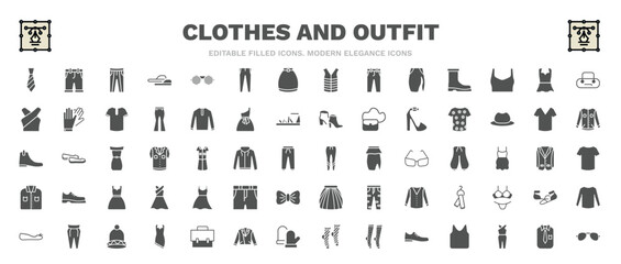 set of clothes and outfit filled icons. clothes and outfit glyph icons such as tie, oxford wave suit pants, barrel handbag, t shirt with de, leggins, long bandeau dress, pegged pants, collarless