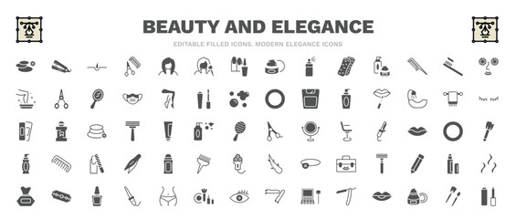 set of beauty and elegance filled icons. beauty and elegance glyph icons such as three stones, hair, cucumber slices on face, lip gloss, hair scissors, deodorant, big razor blade, makeup brush,