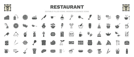 Fototapeta na wymiar set of restaurant filled icons. restaurant glyph icons such as cut cake piece, pepperoni pizza, hot soup, three levels cake, complete hamburger, toasted bread, load of bread, yogurt with spoon, milk