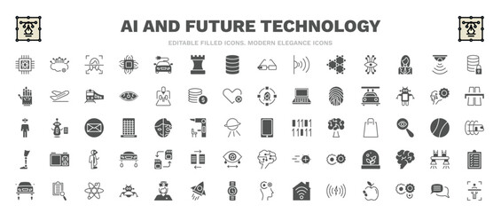 Fototapeta na wymiar set of ai and future technology filled icons. ai and future technology glyph icons such as quantum computing, face recognition, secure data, high speed tube, smartphone, memory transfer, evaluation,