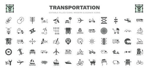 set of transportation filled icons. transportation glyph icons such as seatbelt, semaphore, car parking, small helicopter, alloy wheel, repair, airplane pointing up, sail boat, bikes vector.
