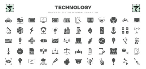 set of technology filled icons. technology glyph icons such as wireless gadget, horizontal tablet, photograph camera, robot insect, sound box, open laptop, received, lcd screen, electronic cigarette