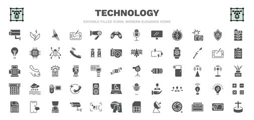 set of technology filled icons. technology glyph icons such as security cam, satellite in orbit, wireless gadget, safe shield protection, smart watch, pitching hine, sound box, scanner with cover,