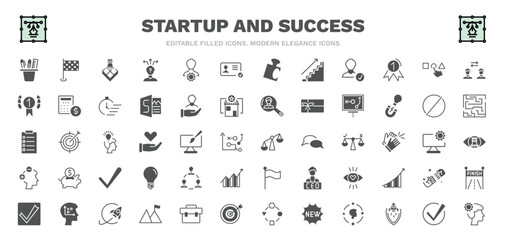 set of startup and success filled icons. startup and success glyph icons such as stationery, strategy game, identity, choose, strategy sketch, comparison, team, exploration, strategy thought vector.