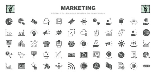 set of marketing filled icons. marketing glyph icons such as margin, coupon, eticket, pig bank, trend, ratio, yield, appreciation, off vector.