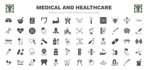 Fototapeta na wymiar set of medical and healthcare filled icons. medical and healthcare glyph icons such as nurse cross, x ray of bones, p, caduceus, plastering, cells in a circle, cure, medicine capsules, phary tool