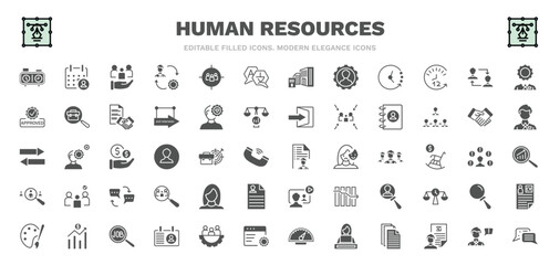 Fototapeta na wymiar set of human resources filled icons. human resources glyph icons such as chess clock, human resources, language, change personal, contact, job application, women, job search, interview vector.