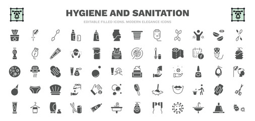 set of hygiene and sanitation filled icons. hygiene and sanitation glyph icons such as baby wipe, cotton swab, body shaming, lens, paper towel, face cream, drying hands, shaving gel, parasite - obrazy, fototapety, plakaty