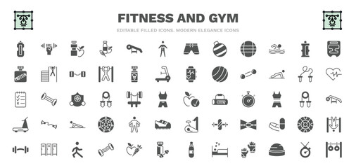 set of fitness and gym filled icons. fitness and gym glyph icons such as hydratation, fitness food, anatomy, isotonic, dumbbells bar, good diet, stick man hoop, stretching leg exercise, rings - obrazy, fototapety, plakaty