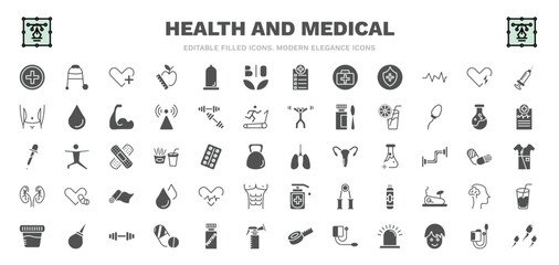 Fototapeta na wymiar set of health and medical filled icons. health and medical glyph icons such as injury, health care, bio, defibrillator, orange juice, lung, beat, gym, sperm vector.