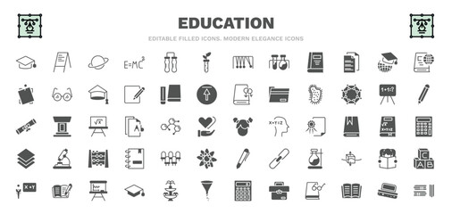 set of education filled icons. education glyph icons such as graduate cap, planet saturn, plant sample, international graduate, parasites, kid, grandstand, writing whiteboard, three books vector.