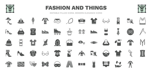 set of fashion and things filled icons. fashion and things glyph icons such as style, mirrors, tasbih, boot for women, outfit, pirate scarf, eyewear, laundry zone, working coverall vector.