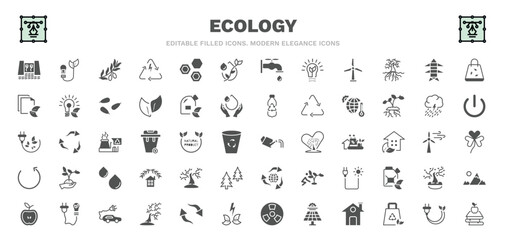 Fototapeta na wymiar set of ecology filled icons. ecology glyph icons such as dam, olives on a branch, oil drops, electric station, warming, watering can, tree with many leaves, eco energy car, and books vector.