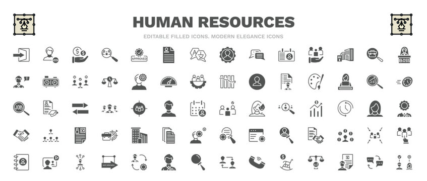 set of human resources filled icons. human resources glyph icons such as quit, salary, boss, art, selection, office, video conference, dialogue, onboarding vector.