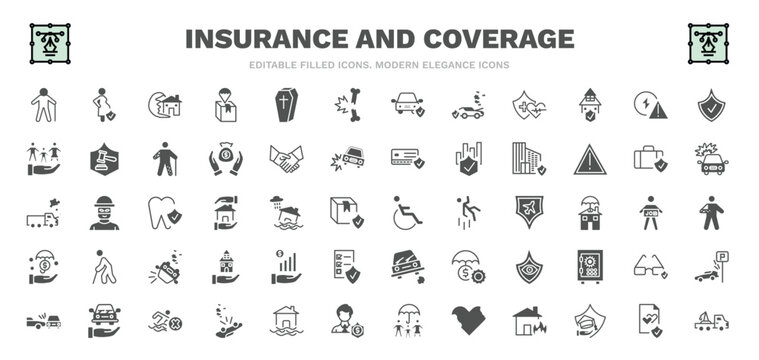 set of insurance and coverage filled icons. insurance and coverage glyph icons such as elderly, tsunami insurance, fracture, problem electric, building disabled, finances, risk pool, towed car