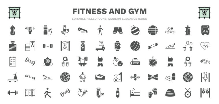 set of fitness and gym filled icons. fitness and gym glyph icons such as hydratation, fitness food, anatomy, isotonic, dumbbells bar, good diet, stick man hoop, stretching leg exercise, rings