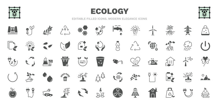 set of ecology filled icons. ecology glyph icons such as dam, olives on a branch, oil drops, electric station, warming, watering can, tree with many leaves, eco energy car, and books vector.