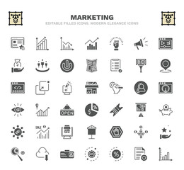set of marketing filled icons. marketing glyph icons such as favorite web, marketing graph, motivation, bid, shop, demand, pig bank, ad blocker, id vector.