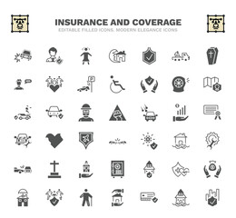 set of insurance and coverage filled icons. insurance and coverage glyph icons such as accident, child, safe, puncture in a wheel, slippery road, bite, repair, replacement value, wounded vector.