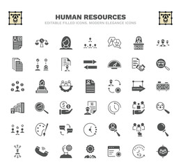 set of human resources filled icons. human resources glyph icons such as curriculum vitae, women, language, contract, resume, analysis, hiring, candidate, emotional intelligence vector.