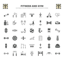 set of fitness and gym filled icons. fitness and gym glyph icons such as dumbbells bar, tightening bar, anatomy, lumbar belt, fitness ball, weight drive, broccoli porcion, boxing mannequin, sleep