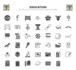 set of education filled icons. education glyph icons such as studies, abcus, case, graduation mortarboard, photon, math book, communicating vessels, black folder, hardbound book vector.