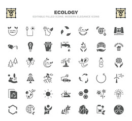 set of ecology filled icons. ecology glyph icons such as natural product, eco energy, 100 % natural badge, globe on hand, tree with many leaves, solar energy, wind energy, eco power cells, eco