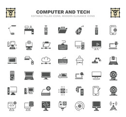 set of computer and tech filled icons. computer and tech glyph icons such as study lamp, tv controller, computer mouse device, monitor, classroom keyboard, open laptop on, webcamera, internet