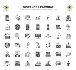 set of distance learning filled icons. distance learning glyph icons such as sheet, online library, fountain pen, computer-based training, qa, online training, distance teacher, paleontology, online