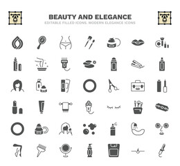 set of beauty and elegance filled icons. beauty and elegance glyph icons such as hair sample, women waist, facial cream, hair straightener, 1642645100876100-56.eps,,,,,, cream tube, big razor blade,