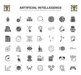 set of artificial intellegence filled icons. artificial intellegence glyph icons such as robot, rearview mirror, , cloud computing, ar, data security, motion, page views, drone vector.