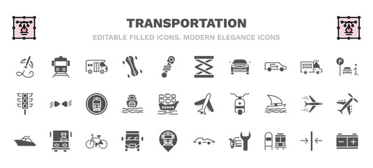 set of transportation filled icons. transportation glyph icons such as flying airplane, school van, lifter, parking men, tram stop label, air transport, yacht navigate, van front view, car repair,