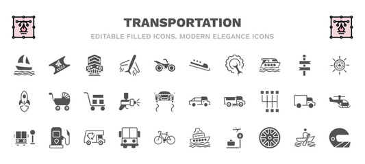 set of transportation filled icons. transportation glyph icons such as sail boat, diesel train, bobsleigh, ship wheel, cart with boxes, midget car, school bus stop, public transport, airport