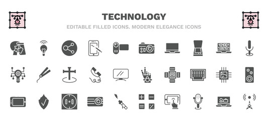 set of technology filled icons. technology glyph icons such as face shield, circular database, photograph camera, basic microphone, cross stuck in ground, robotic hand, horizontal tablet, retro