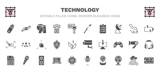 set of technology filled icons. technology glyph icons such as inclined pendrive, face shield, electronic cigarette, battery power, cad, security cam, big floppy disk, laptop frontal monitor, front