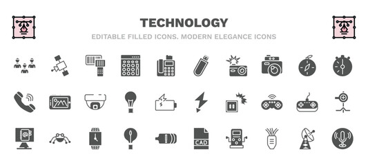 set of technology filled icons. technology glyph icons such as customers, portable scanner, inclined pendrive, half hour, surveillance camera, green flash, email agenda, big light bulb, dialysis,